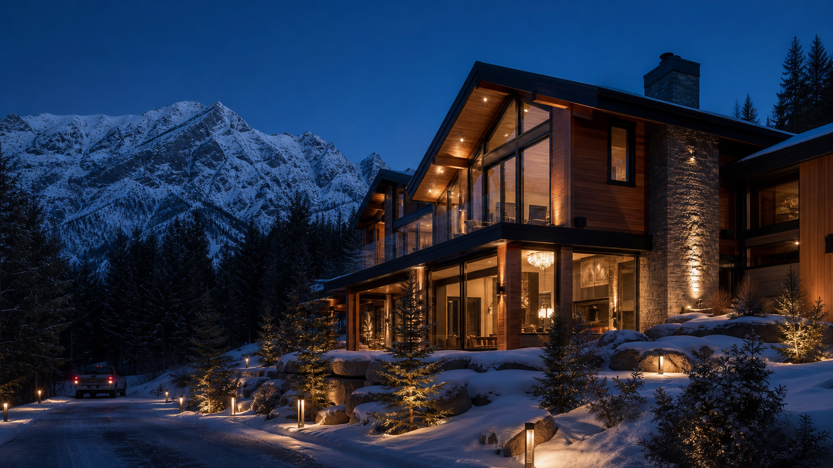 Mountain home at winter dusk in Fernie